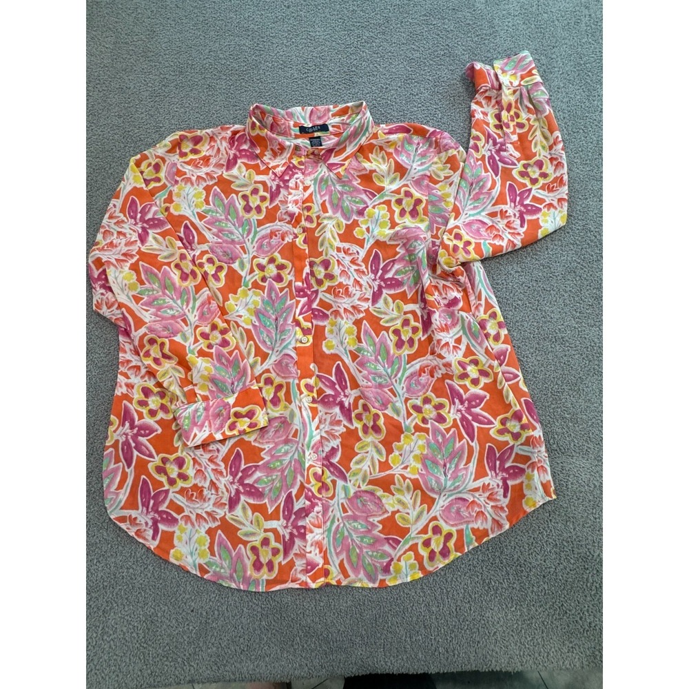 Chaps Women's 2X Plus Size Long Sleeve Floral Button-Up Shirt Blouse Bright Prin